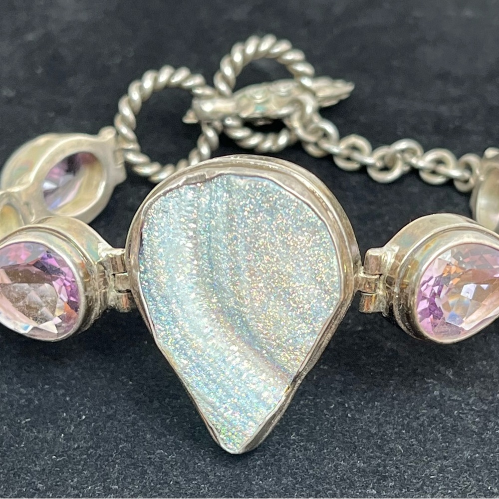 Solid Sterling Silver Druzy Amethyst Peridot Togg… - image 1